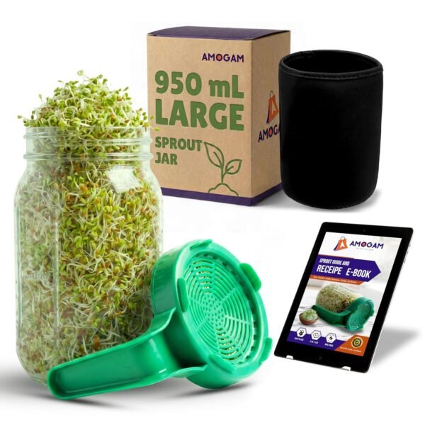 Sprouts Maker Glass Jar – 950ml Large Sprouts Maker Jar for Home Use | BPA-Free Sprouting Jar with Drain Lid Handle | Reusable Glass Sprout Maker Jar for All Seeds and Beans
