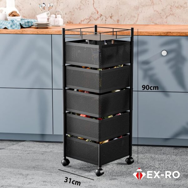 TEX-RO Kitchen Trolley with Wheels | 5-Layer Metal Vegetable Basket Stand & Kitchen Storage Rack | Multipurpose Kitchen Organizer for Onion Potato Storage (Black)