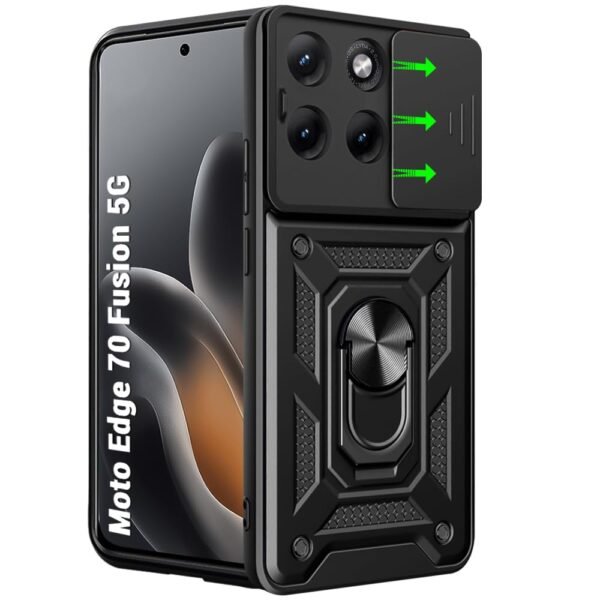 TheGiftKart Tough Armor Bumper Back Cover Case for Motorola Moto Edge 70 Fusion 5G | Kickstand & Ring Holder | 360 Degree Protection Back Cover Case (PC & TPU, Sliding Camera Cover, Black)
