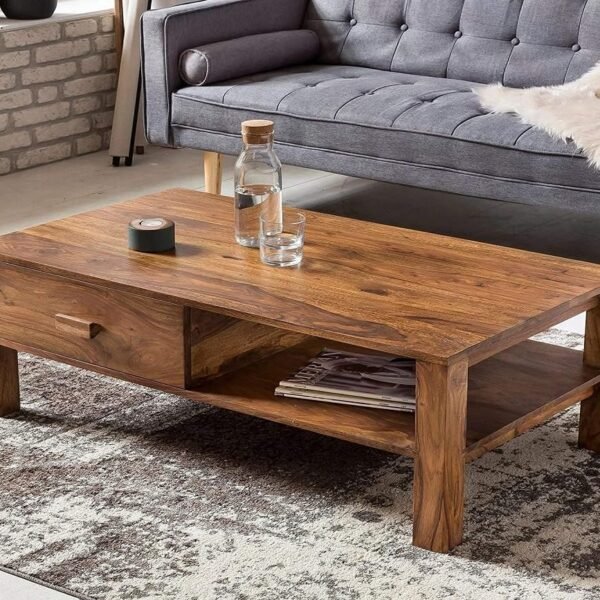 Varsha Furniture Sheesham Wooden Center Table with Drawer & Shelf Storage for Home Living Room | Wooden Coffee/Centre Table | Tea Table | Compatible for Sofa Set | Rosewood - Natural Finish