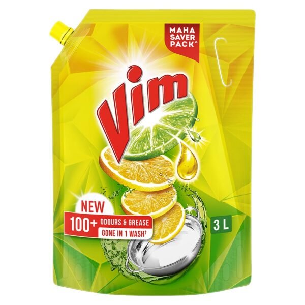 Vim Dishwash Liquid 3 L pouch | Removes 100+ Odours & Grease in 1 wash | With the power of 100 Lemons