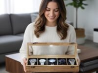 Wooden Watch Box For Men and Women, 5 Slots Organizer For Men, Watch Holder For Women, Valentine;s Day, Father's Day, (Natural wood 5 slot, off-white