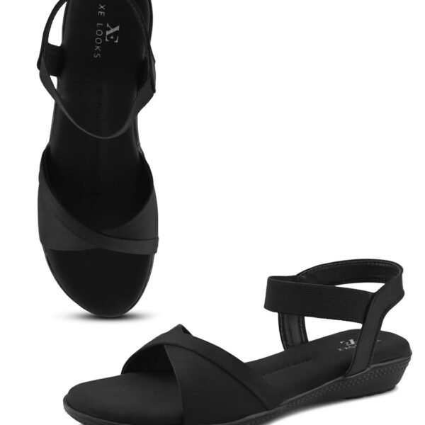 XE Looks Black Criss-Cross Flat Sandals for Women | Secure Ankle Strap | Cushioned Footbed | Lightweight Casual Footwear For Girls
