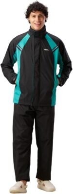 ZEEL Rain Coat for Men Waterproof for Bike Riders with Adjustable Hood Along with Inner Pockets,Waterproof Raincoat with Polyester Jacket,Pants and Waterproof Drawstring Bag,AZ05 Black-Green XL