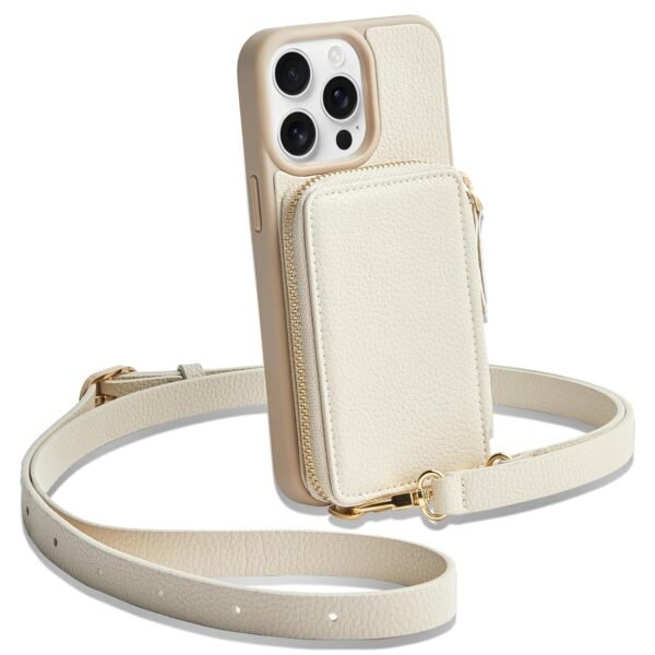 ZVE for iPhone 13 Pro Wallet Case, Zipper Leather Crossbody Phone Case with RFID Blocking Card Holder Wrist Strap Purse Cover for Women Compatible with iPhone 13 Pro (6.1 inch, 2021)- Beige