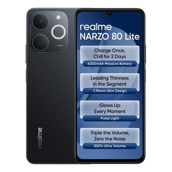 realme NARZO 80 Lite 4G (Obsidian Black 2026, 4GB+64GB) | 6300mAh Segment's Biggest Battery | 7.94mm Slim Design | 300% Ultra Volume | Pulse Light: 9 Colors, 5 Glow Modes | Ai Assist