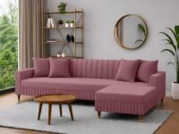 AMATA Omega 4 Seater L Shape Mauve Colour Suede Velvet Fabric Sofa Set with Four Cushions Perfect for Home Office Guests Living Room (03 Move, Omega L Shape 4 SSEATER)(3 Year Warranty)