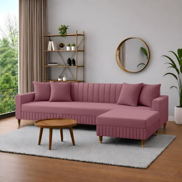 AMATA Omega 4 Seater L Shape Mauve Colour Suede Velvet Fabric Sofa Set with Four Cushions Perfect for Home Office Guests Living Room (03 Move, Omega L Shape 4 SSEATER)(3 Year Warranty)