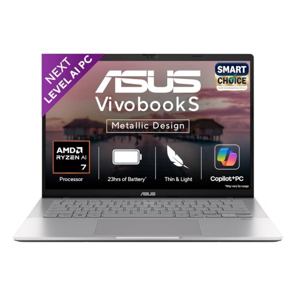 ASUS Vivobook S14,Smartchoice,AMD Ryzen AI 7 350,16GB RAM,512GB SSD,OLED,14",Windows 11,M365 Basic(1Yr)*,Office24,Cool Silver,1.4Kg,M3407KA-SF2701WS,AMD Radeon iGPU,50 Tops,Next-Gen AI Laptop,Copilot+