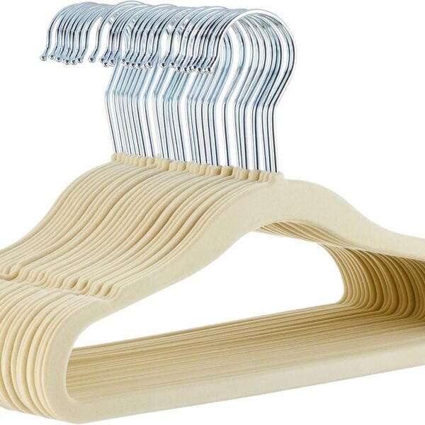 Amazon Basics Kids Space Saving Velvet Non-Slip Clothes Hangers with Shoulder Notches, Sturdy Construction for Closet Organization, 11.6", Beige, 30-Pack
