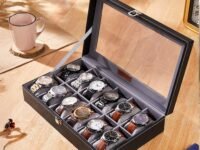 Amazon Basics Unisex Faux Leather Watch Organiser Box with 12 Slots |Watch Organizer with Transparent Lid (Black)