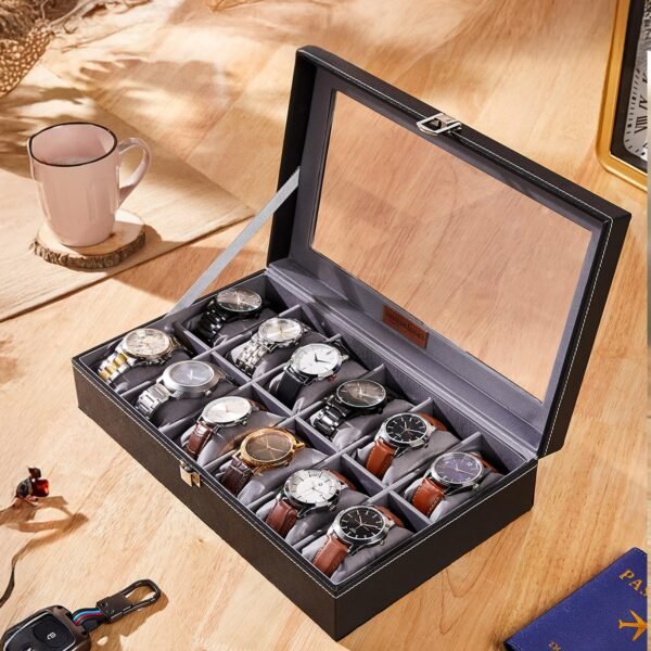 Amazon Basics Unisex Faux Leather Watch Organiser Box with 12 Slots |Watch Organizer with Transparent Lid (Black)