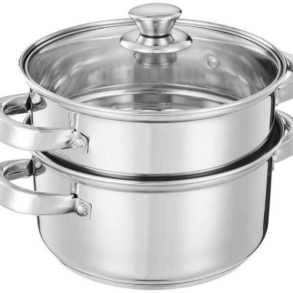 Amazon Brand - Solimo Stainless Steel Steamer with Glass Lid | Induction Base | Modak, Momo Maker | 17 x 22 x 22.4 Cm | 4L | Silver