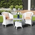 DEVOKO 3 Piece White Rattan Outdoor Patio Bistro Set with Cream Cushion & Glass Top Table Ideal for Balcony, Garden, Deck, Lawn, Poolside