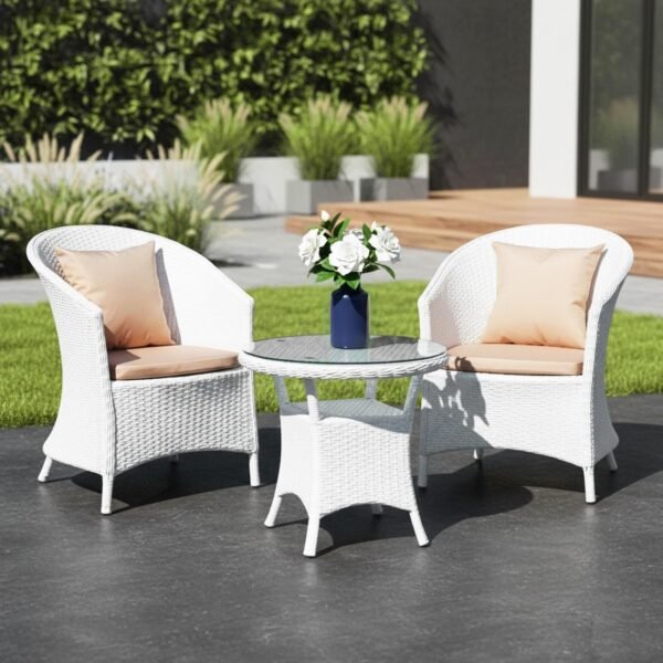 DEVOKO 3 Piece White Rattan Outdoor Patio Bistro Set with Cream Cushion & Glass Top Table Ideal for Balcony, Garden, Deck, Lawn, Poolside
