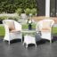 DEVOKO 3 Piece White Rattan Outdoor Patio Bistro Set with Cream Cushion & Glass Top Table Ideal for Balcony, Garden, Deck, Lawn, Poolside