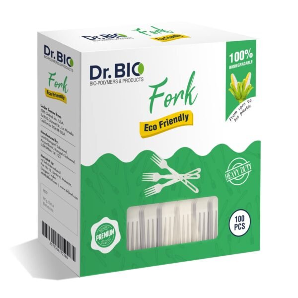 Dr. Bio Biodegradable Compostable Fork Eco Friendly, Thick Quality, Made of Corn Starch Cutlery (3.5 cm x 15 cm) - 100 Nos.