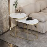 Elevation Arts Nesting end Tables for The Living Room, Balcony, and Office in a Set of Two Round Nesting Tables-White Gold