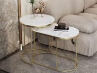 Elevation Arts Nesting end Tables for The Living Room, Balcony, and Office in a Set of Two Round Nesting Tables-White Gold