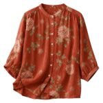 Gufrina Women’s Light Rose Floral Printed Button Down Shirt with Mandarin Collar and Relaxed Fit 3/4 Sleeves