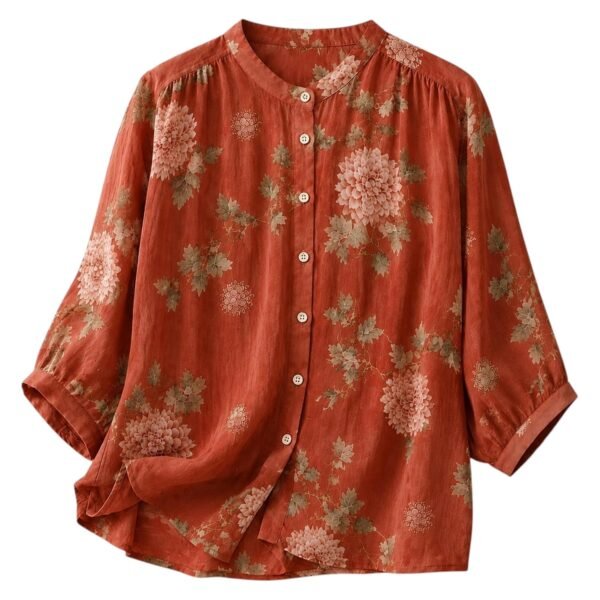 Gufrina Women’s Light Rose Floral Printed Button Down Shirt with Mandarin Collar and Relaxed Fit 3/4 Sleeves