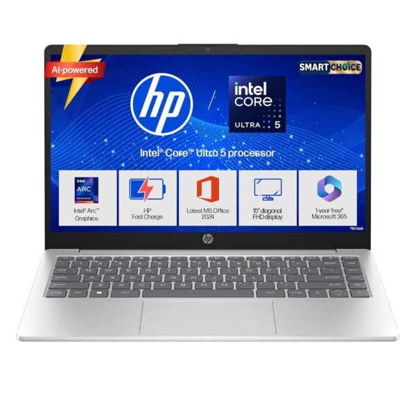 HP 14 Smartchoice, Intel Core Ultra 5 125H 12 TOPS, 24GB DDR5 (Upgradeable) 1TB SSD, Anti-Glare, FHD, 14''/35.6cm,Win11, M365*Office24, Silver, 1.4kg, ep1180tu, FHD Camera w/Shutter, Backlit AI Laptop