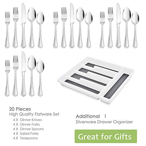 HaWare 20-Piece Silverware Set with Organizer Tray, Stainless Steel Flatware Cutlery Utensils, Timeless and Elegant Design for Home Hotel Wedding, Mirror Polishes and Dishwasher Safe