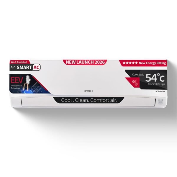 Hitachi Smart Choice 1.5 Ton 5 Star, New star rated, Inverter Split AC (Copper,Wi-Fi, 4 Way Swing, Hybrid Convertible, ice Clean cooling, Anti-bacterial Mesh Filter,RAS.V518PCDIBM1, White)
