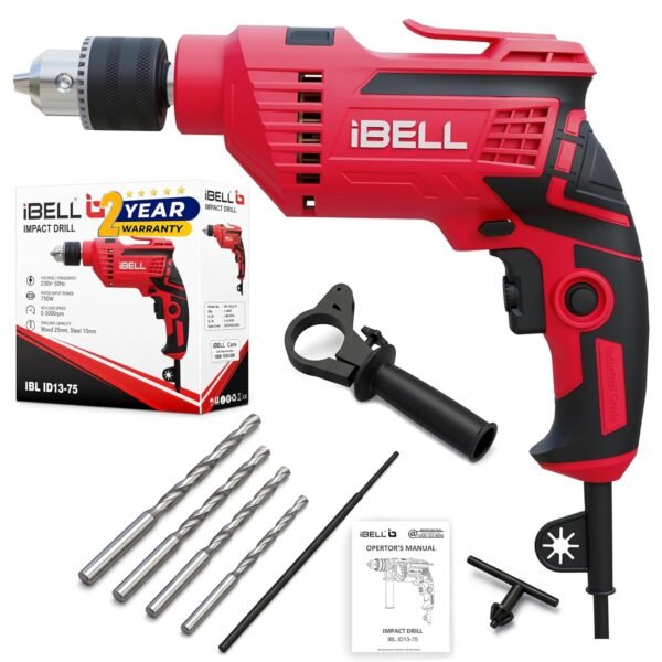 IBELL Impact Drill ID13-75 | 650W | 13mm Chuck | 2800 RPM | Copper Armature | 2-Mode Hammer & Drill | 12 Variable Speed Settings | Forward/Reverse | Variable Speed | Lock-On Button | 24-Month Warranty