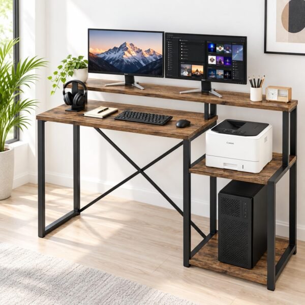 Klaxon Computer Table 120 cm with Monitor Stand, Printer Shelf, CPU Storage and Keyboard Tray, Study Table for Home Office and Students, Wood and Metal, Forest Dark, (Tek Printer WOI)