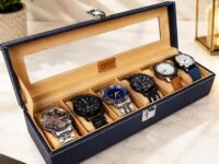 LEDO Watch Box Organizer Case with 6 Slots, Transparent Display, PU Leather Exterior, Blue & Cream Velvet Interior, Metal Clasp Lock, Rectangular Storage Case for Men
