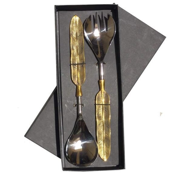 Maverics Lead-Free Brass Leaf Serving Spoon & Fork Set (2 Pieces), Elegant Brass Serving Set for Kitchen & Dining, Ideal for Gifting, Parties & Home Use