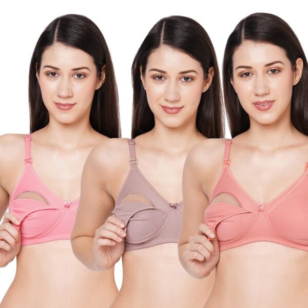 MomToBe Women's Cotton Multicolor Full Cup Non Padded Feeding Bra/Nursing Bra/Maternity Bra Combo - Pack of 3
