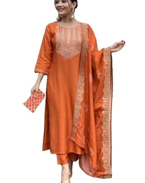 Nermosa Women Embroidery Silk Straight Kurta and Pant Set with Dupatta