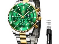 OLEVS Mens Watches Chronograph Quartz Green Moon Phase Luxury Dress Two Tone Stainless Steel Waterproof Luminous Business Date Calendar Wrist Watch
