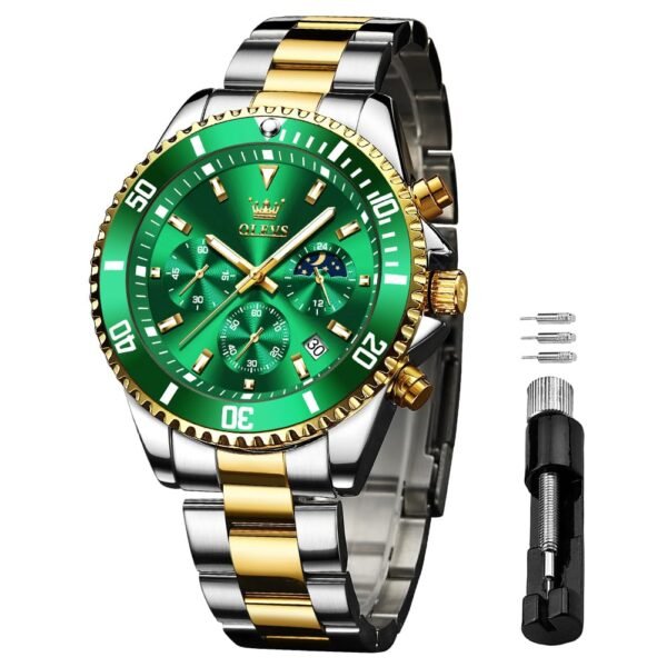OLEVS Mens Watches Chronograph Quartz Green Moon Phase Luxury Dress Two Tone Stainless Steel Waterproof Luminous Business Date Calendar Wrist Watch