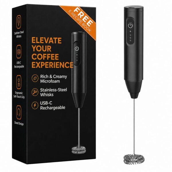 PRIMESKY® Handheld Electric Coffee Frother with 3 Speed Modes Rechargable Milk Frother with Stainless Steel Whisk Drink Mixer for Coffee Cappuccinos Matcha Gift - Black
