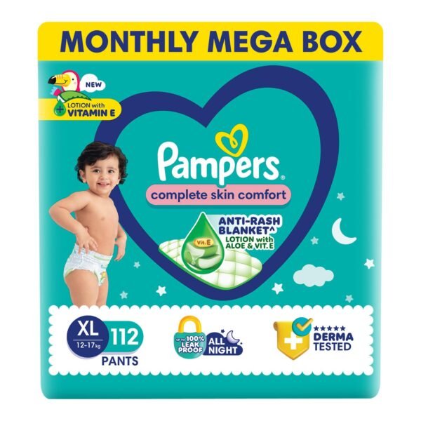 Pampers Complete Skin Comfort Pants, (XL) 112 Count, Anti-rash blanket, Lotion with Vitamin E & Aloe Vera, Extra Large size baby diapers, 12-17kg