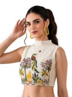 Pujia Mills Women Embroidered Fandy Halter Neck Smocked Strechable Off White Blouse Readymade