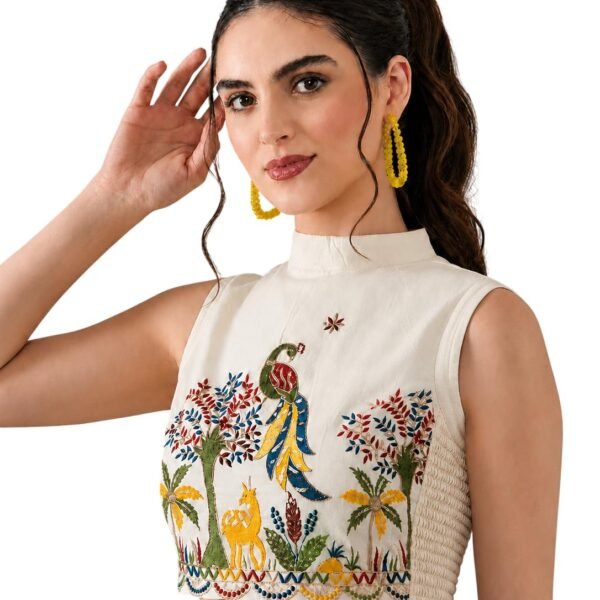 Pujia Mills Women Embroidered Fandy Halter Neck Smocked Strechable Off White Blouse Readymade