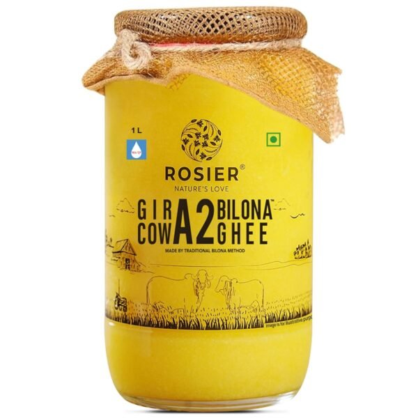 ROSIER A2 Gir Cow Ghee (1 litre) Traditional Bilona Method A2 Gir Cow Ghee Grassfed, Pure and Healthy Desi Cow Ghee (Glass Bottle - 1000 ML)