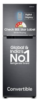 Samsung 236 L, 3 Star, Convertible, Digital Inverter with Display Frost Free Double Door Refrigerator (RT28C3733B1/HL, Black Matte/Black DOI)