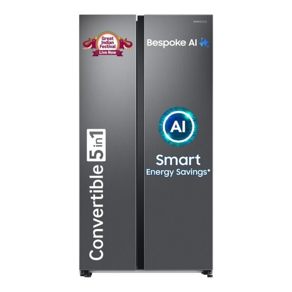 Samsung 653 L, 3 Star, Frost Free, Double Door, Convertible 5-in-1 Digital Inverter, Side By Side AI Enabled Smart Refrigerator with WiFi (RS76CG8003S9HL, Silver, Refined Inox)