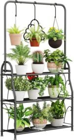 Snazzy Plant Stand 3 Tier Indoor Outdoor Tall Corner Hanging Plant Shelf Metal Flower Stands Ladder Plant Holder for Room Balcony Garden Patio Multiple Plants, Dark Grey