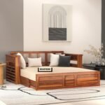Solid Sheesham Wooden Sofa Cums Bed with Mattresses for Living Room|Rosewood 3-Person Sofa Cums Bed for Bedroom Without Pillow (J-Natural, 3 Seater)