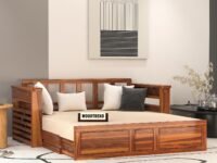 Solid Sheesham Wooden Sofa Cums Bed with Mattresses for Living Room|Rosewood 3-Person Sofa Cums Bed for Bedroom Without Pillow (J-Natural, 3 Seater)