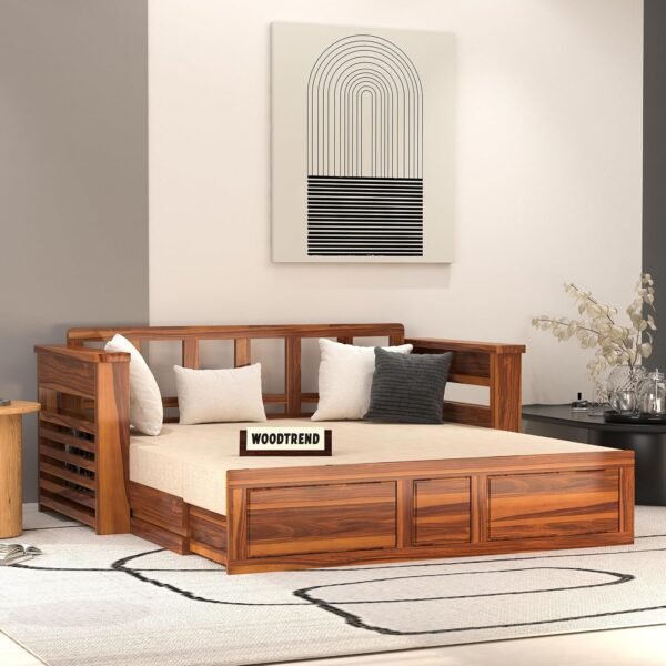 Solid Sheesham Wooden Sofa Cums Bed with Mattresses for Living Room|Rosewood 3-Person Sofa Cums Bed for Bedroom Without Pillow (J-Natural, 3 Seater)