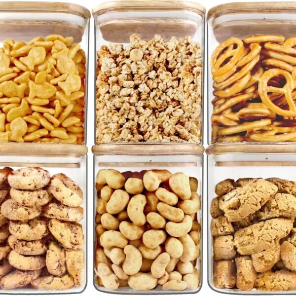 Square Wooden Lid, Glass Jar Food Storage Containers Set, Airtight Food Jars with Kids Kitchen Canisters for Sugar, Candy, Cookie, Rice and Spice Jars (800ML SQUARE JAR, 6 PCS) Transparent