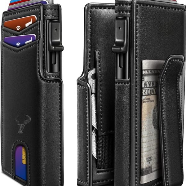 VOGARD Slim RFID Blocking Wallet for Men | Pop-Up Card Holder with Money Clip & Coin Pocket | Magnetic Flip Leather Wallet | Holds 9 Cards, Cash & Keys | Black