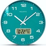 VOLANTIS 12 Inch Non-Ticking Silent Wall Clock with LCD Display for Perpetual Calendar and C° Temperature, Ideal Modern Stylish Clock for Home, Living Room, Bedroom, Office (Green)